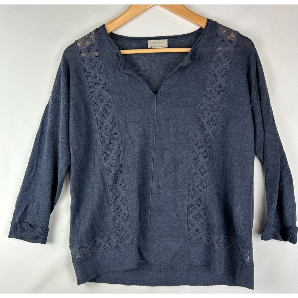 WRAP Designed In London Top Women's Blue Lightweight Lace Accents Cuff Sleeve M